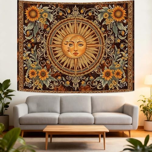 Accnicc Vintage Sun and Moon Tapestry Wall Hanging Boho Floral Sunflower Indie Wall Tapestry Aesthetic Celestial Brown Orange Large Hippie Tapestries for Bedroom Living Room Decor 80 x 60 Inch