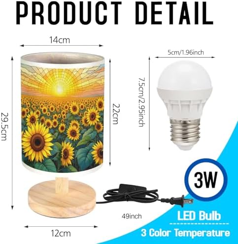 Sunflower Field Table Lamp LED 3-Color Pressed Bedside, Sunflower Field Shade Lamp with Wood Base for Bedroom Living Room Desk Office TL01