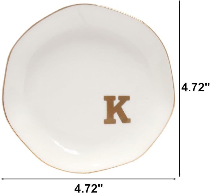 Ceramic Jewelry Tray Initial Ring Dish Personalized K-Monogrammed Engagement Wedding Gifts,Decorative Jewelry Holder for Birthday Mother's Day Christmas for Women, Ceramic White 4.5" (K)