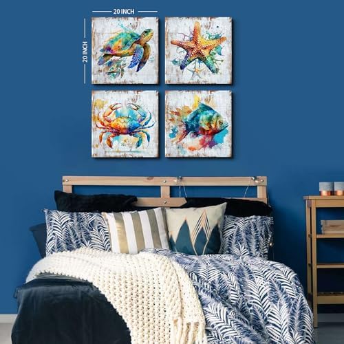 Nautical Wall Art Sea Turtle Wall Decor Watercolor Starfish Seafish Crab Canvas Pictures for Bathroom Decor Rustic Sea Animal Painting Artwork for Bedroom Living Room Home Decorations 20x20" 4Pcs