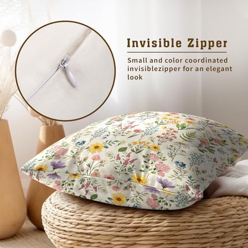 Watercolor Wildflower Pillow Covers 16x16 Inch Set of 2 Floral and Butterfly Throw Pillow Cases Spring Summer Flowers Decorative Cushion Covers for Couch Bed Sofa Home Decor
