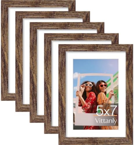 Vittanly 5x7 Picture Frames Set of 5, Wall Mount or Tabletop Display, Brown