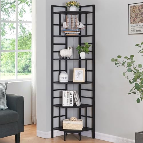 HOMISSUE Corner Shelf, 6 Tier Tall Narrow Bookshelf 76.9", Industrial Corner Bookcase with Storage for Home Office Living Room and Bedroom, Black