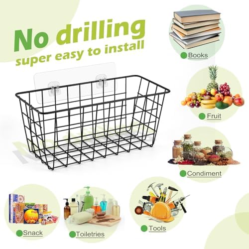 ZUSHALLMY 4 Pack Wire Baskets for Wall, No Drill Adhesive Kitchen Storage
