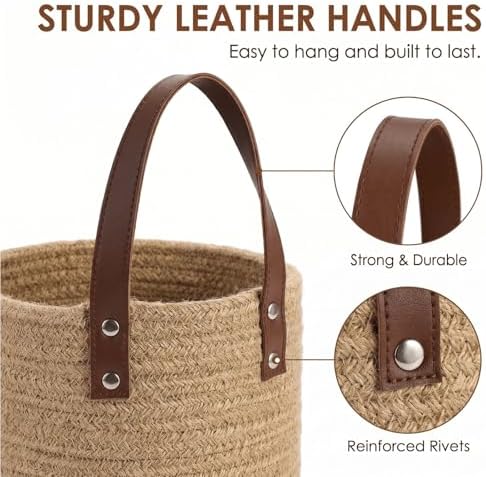 YOUEON Set of 2 Jute Hanging Basket 7.8" x 6.7", Small Wall Hanging Planter Baskets, Natural Jute Woven Storage Basket for Flower Plants Towels Sunglasses Wallet Keys, Boho Decor