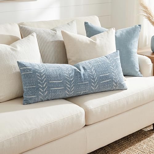 BlissBlush Coastal Blue Lumbar Pillow Cover 14x36 for Bed, Accent Long Lumbar Pillow Cover for Bedroom, Soft Woven Chenille Textured Farmhouse Boho Decorative Cushion Cover