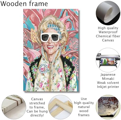 80s Artwork Fashion Golden Wall Art Girls Poster Betty White Poster For Woman Room Decor Rose Nylund With Sunglasses Canvas Prints (L24"xW16"-WoodFrame Ready to Hang) Pictures For Girl Dorm Wall Art Decor Gift