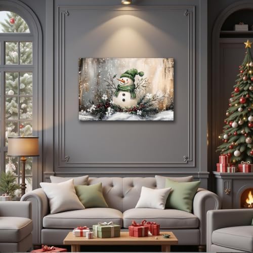 Vintage Christmas Snowman Canvas Art 12x18inch, Festive Wall Art with Snowmen in Winter Scene Paintings, Framed Winter Wonderland Decorations, Perfect for Christmas Room Decor