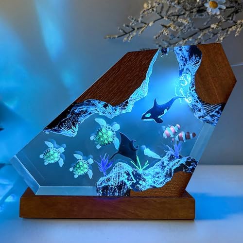 Killer Whale Ocean Resin Lamp with Wooden Base