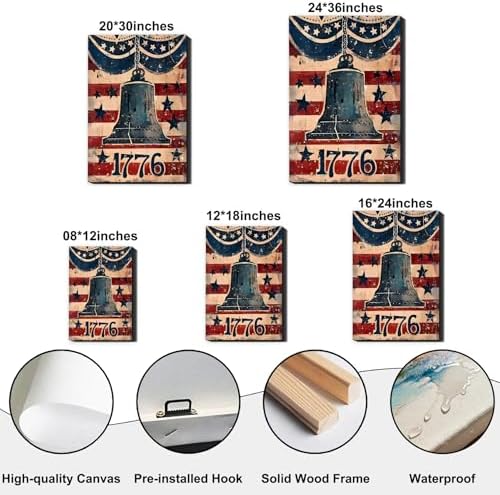 RIBNTAK Made in USA Rustic 1776 Liberty Bell with American Flag Canvas, Retro Patriotic Sign Artwork for 4th of July, Independence Day, Memorial Day Home Decoration