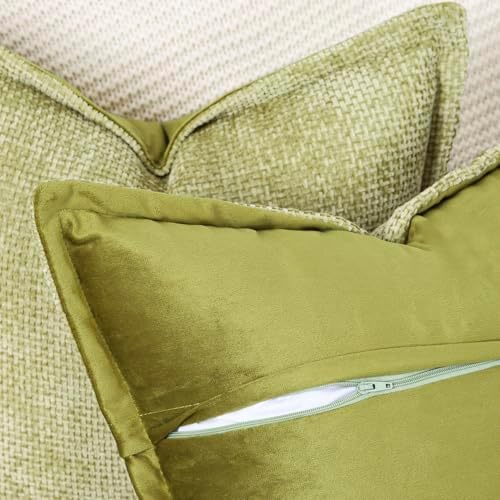MADIZZ Decorative Chenille Velvet Throw Pillow Covers Set of 2 Soft Boho Textured Neutral Couch Throw Pillow for Bed Modern Farmhouse Home Decor for Sofa Livingroom Light Green 12x20 Inch