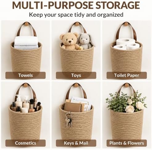YOUEON Set of 2 Jute Hanging Basket 7.8" x 6.7", Small Wall Hanging Planter Baskets, Natural Jute Woven Storage Basket for Flower Plants Towels Sunglasses Wallet Keys, Boho Decor