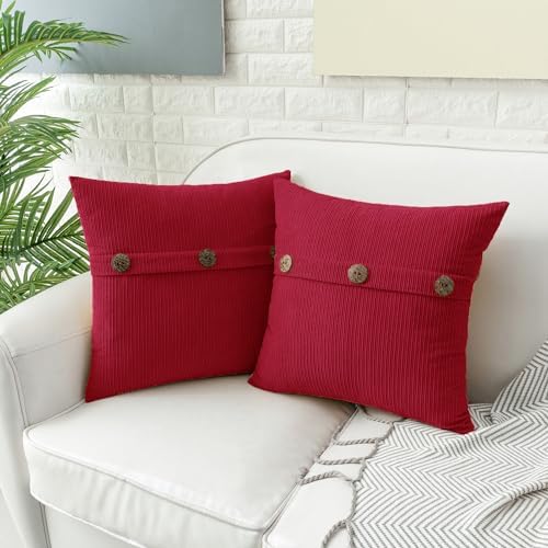 HWY 50 Red Chenille Throw Pillow Covers 18x18 Inch Buttons Pack of 2