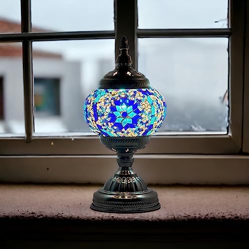 SILVERFEVER Handcrafted Mosaic Turkish Lamp Moroccan Glass Table Desk Bedside Light Bronze Base with E12 Bulb (Blue Snowflake)