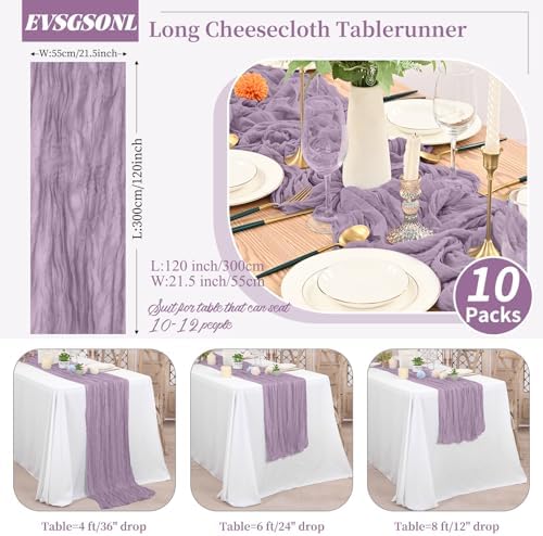 10 Pack Purple Cheesecloth Table Runner Long,21.5 x 120 Inch