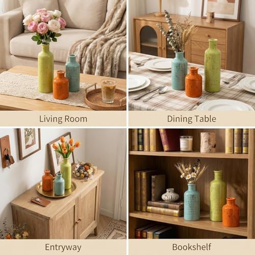Vintage Ceramic Flower Vase Set of 3, Rustic Farmhouse Vase for Home Decor, Distressed Decorative Vase for Table Entryway Mantel Centerpiece Living Room Bathroom Bedroom (Multicolor)