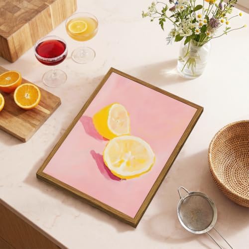 Framed Pink Kitchen Wall Art, Lemon Pictures Wall Decor, Minimalist Dopamine Fruit Paintings Canvas Prints Trendy Preppy Home Decor for Kitchen Dining Room Living Room Dorm 16x24 inch