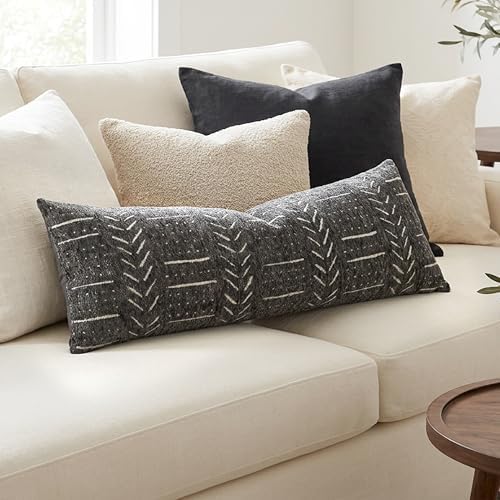 BlissBlush Long Lumbar Pillow Cover 14x36 for Bed, Soft Woven Chenille Textured Decorative Pillow Cover for Bedroom Couch Sofa, Farmhouse Boho Accent Cushion Cover, Charcoal Gray