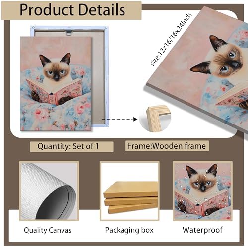 Framed Cat Reading Book Canvas Wall Art, Cute Pink Siamese Cat Wall Decor Print Painting, Funny Animal Lovers Picture for Bedroom Living Room Kids Room Girls Room Home Decor 16x24 Inch