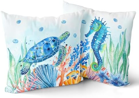 Giwawa Coastal Ocean Pillow Covers Set of 2-18"x18" Sea Turtles Seahorse Decorative Throw Pillow Cases- Watercolor Marine Animals Double Sided Square Cushion Covers for Sofa Couch Bed Car