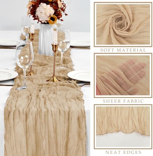 10FT 6 Pcs Sand Cheesecloth Table Runner Boho Gauze Fabric Cheese Cloth Table Runner Decoration Rustic Semi Sheer Runner for Wedding Birthday Baby Shower Party Decor (Sand)
