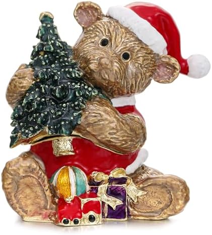 Hand Painted Christmas Trinket Box for Home Decor Accents, Enamel Hinged Jewelry Box for Bookshelf Office Table Desk Decor, Classical Figurine Collectible Keepsake Sculptures (Brown Christmas Bear)