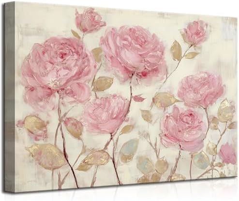 Vintage Pink Rose Canvas Wall Art Rustic Farmhouse Pink Gold Flower Abstract 3D Texture Painting Picture Wall Decor Poster Prints Artwork for Bedroom Apartment Woman's Room Home Decoration