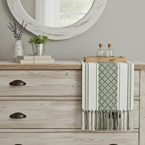 Short Dining Table Runner Coffee Table Runner with Boho Tassels 14 x 48 Inches, Olive Green & Off White Cotton Woven Washable Dresser Runner and Topper for Bedroom, Farmhouse Table Decorations