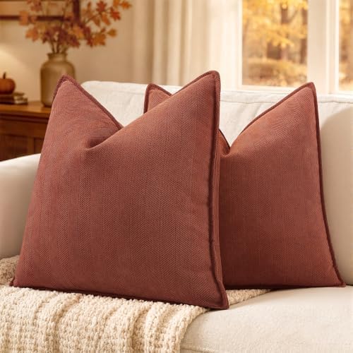 MIULEE Pack of 2 Fall Rust Euro Shams Chenille Pillow Covers 22x22 Inch