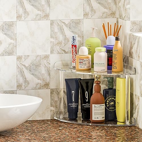 Sezanrpt 2 Tier Acrylic Corner Shelf Organizer Storage 9.5x9.5x8 Inch, Transparent Countertop Corner Shelf for Bathroom, Kitchen, Bedroom, Office, Study Room