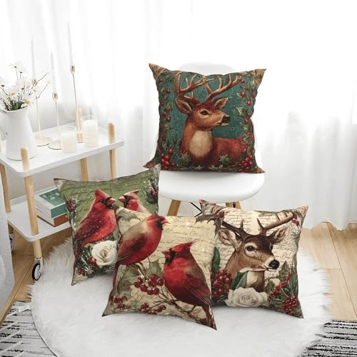 Christmas Animals Throw Pillow Covers Set of 4 Decorative Soft Double Sided Print Pillow Case Farmhouse Home Decor for Living Room Sofa Couch 18x18