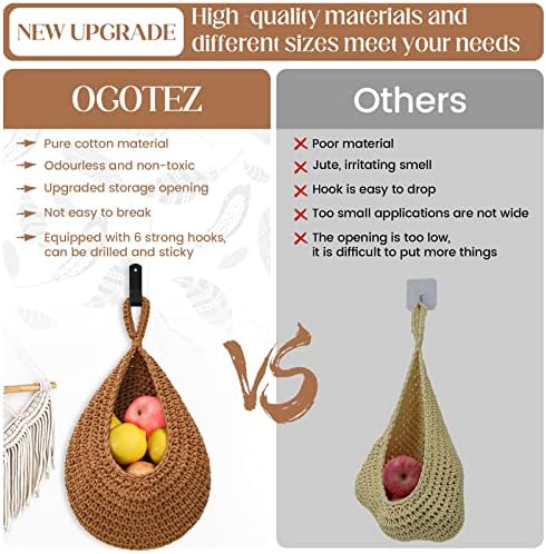 Boho Decor Hanging Fruit Baskets for Kitchen - 3 Pack Wall Hanging Basket with 6 Pcs Strong Hooks, Handwoven Hanging Holder Teardrop Produce Basket for Fruits Vegetable Potato Onion Storage (Linen)