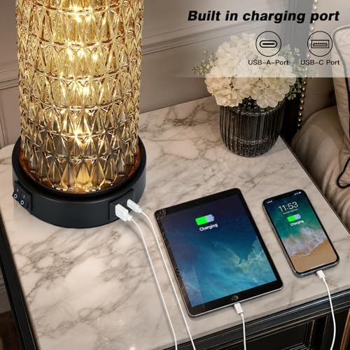 28" Crystal Table Lamp Set of 2, Bedside Lamp with LED Night Light & USB A+C Charging Ports, Glass Lamps for Bedroom Living Room Nightstand Office, 2 Bulbs Included