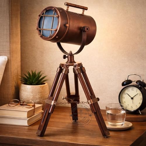collectiblesBuy Antique Vintage Desktop Searchlight Adjustable Wooden Tripod Lamps LED Tabletop Copper Finish Spotlights Home Decor