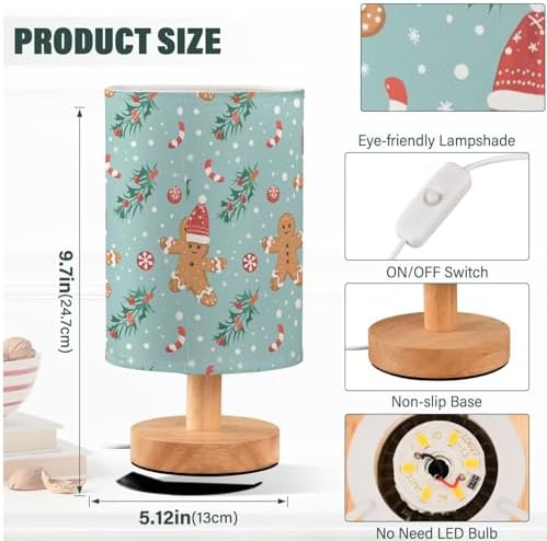 Xmas Cute Gingerbread Man and Candy Cane Holly Decorating Bedside Table Lamps with USB Port for Bedroom Lamp Accent Table Lamp Small Nightstand Lamp Linen Shade Decorative Lamps for Kids|Dorm|Home