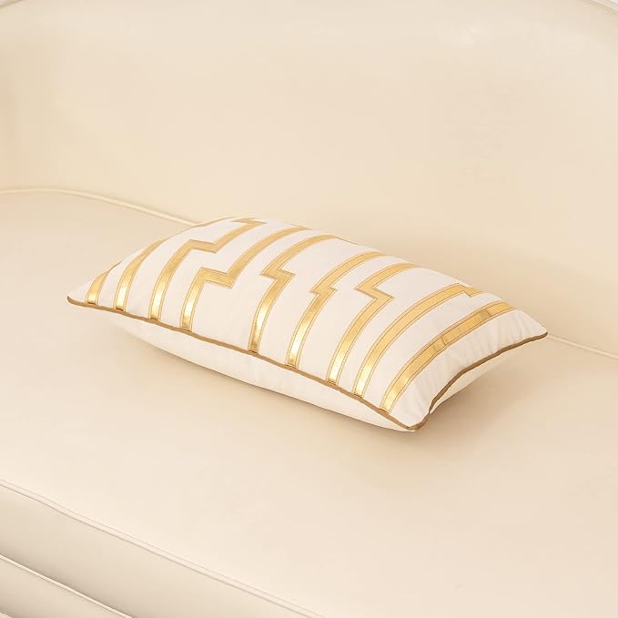 Alerfa Geometric Gold Leather Striped Throw Pillow Cover 12x20 Inch, Luxury Velvet Embroidered Decorative Lumbar Pillow Cover for Couch Living Room Bedroom, White