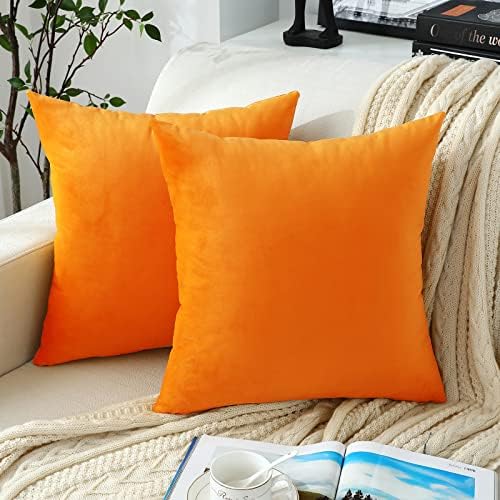 Jeneoo Comfy Soft Thick Fall Velvet Throw Pillow Covers for Sofa Couch, Decorative Solid Square Cushion Cases for Bedroom Car (Orange Yellow, 20 x 20 Inches, 2 Pieces)