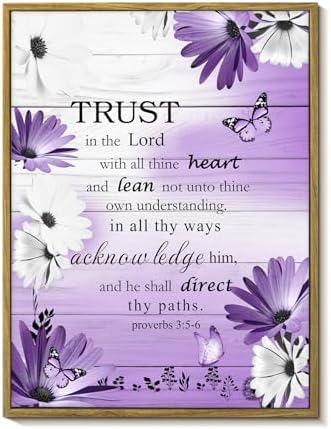 LB Purple Floral Wall Art for Bathroom Bible Verse on Vintage Grey Wood Framed Canvas Wall Art Wall Paintings Home Decor Daisy Wall Pictures for Living Room Bedroom Office Ready To Hang,12x17 Inch