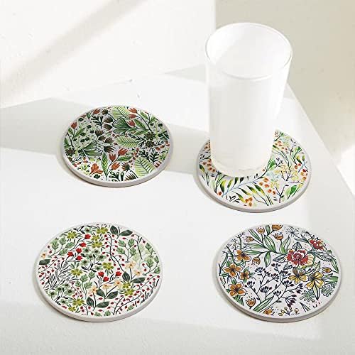 AD Set of 6 Coasters for Drinks Absorbing Round Ceramic Stone Coaster with Cork Base,Tabletop Protection Mat for Mugs and Cups,Office,Kitchen (Bontanicals)