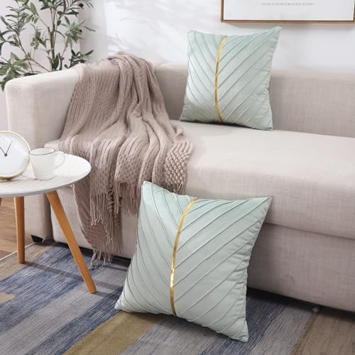 Velvet Throw Pillow Covers 22x22 Pack of 2 Gold Decor Mint Green