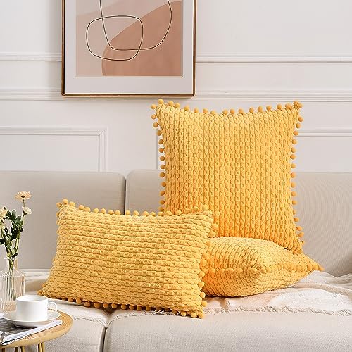 Fancy Homi Set of 2 Yellow Decorative Throw Pillow Covers 20x20 Inch with Pom-poms for Couch Bed Sofa, Modern Farmhouse Boho Spring Home Decor, Soft Plush Corduroy Cute Cushion Case 50x50 cm