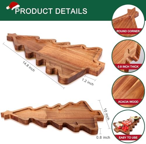 Acacia Wood Christmas Tree Tray - Decorative Serving Platter, Festive Plate, Xmas Dish & Wooden Charcuterie Board for Holiday Gift, Cheese, Fruit, Veggie & Cookie, Food, Snack, 16” x 10”