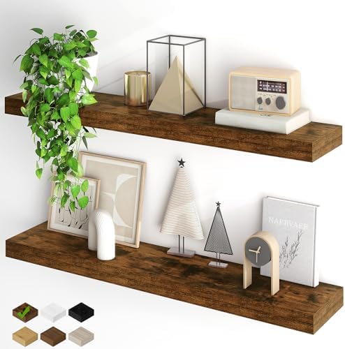Fun Memories Floating Shelves for Wall, 40Inch Floating Shelves Set of 2, Hanging Shelf with Invisible Brackets, Wood Shelves for Living Room, Bedroom, Kitchen, Brown