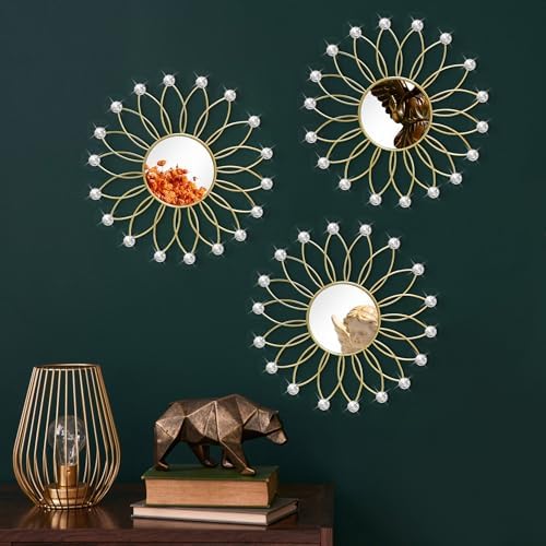 3 Pack Metal Mirrors for Wall Sunburst Wall Mirrors Home Décor Decorative Hanging Wall Art for Living Room Bedroom Entryway (Gold2 Crystal, Flowers)