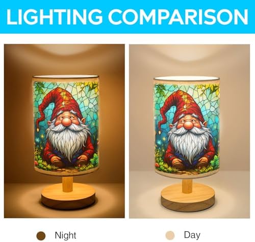 Gnome Table Lamp LED 3-Color Pressed Bedside, Gnome Shade Lamp with Wood Base for Bedroom Living Room Desk Office TL01