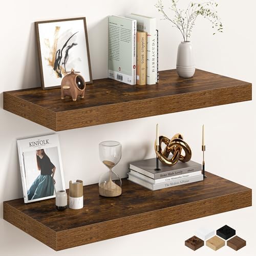Fun Memories 27.5 Inch Deep Floating Shelves, Set of 2 Heavy Duty Wall Mounted Shelves with Invisible Brackets, Large Rustic Wood Storage Bookshelf for Living Room, Bathroom and Kitchen, Rustic Brown