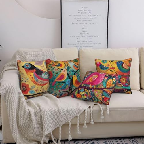 Colorful Bird Throw Pillow Covers Set of 4 Decorative Soft Double Sided Print Pillow Case Farmhouse Home Decor for Living Room Sofa Couch 18x18