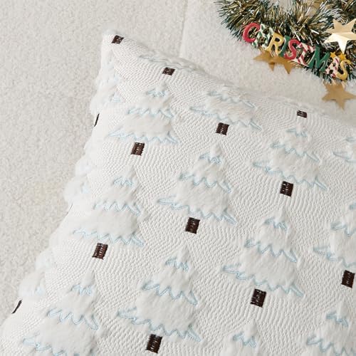 Kevin Textile Christmas Tree Pillow Covers 20x20 Inch Set of 2 Soft Plush Faux Fur with White Snow Embroidery Decoration Pillowcases for Couch Sofa Holiday Festivals Winter Xmas Gift, White Cream