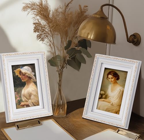 eletecpro 5x7 Vintage Picture Frame, Glass Cover, White, 2-Pack