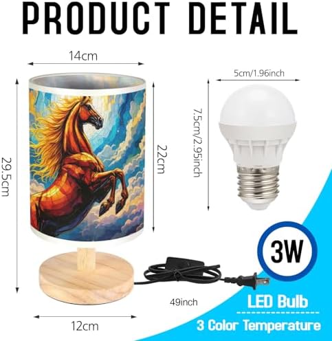 Horse Table Lamp LED 3-Color Pressed Bedside, Horse Shade Lamp with Wood Base for Bedroom Living Room Desk Office TL01